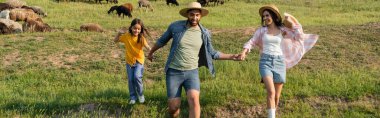 cheerful family in straw hats holding hands while running in pasture near grazing herd, banner clipart
