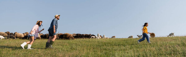 side view of happy family running near herd grazing in meadow, banner