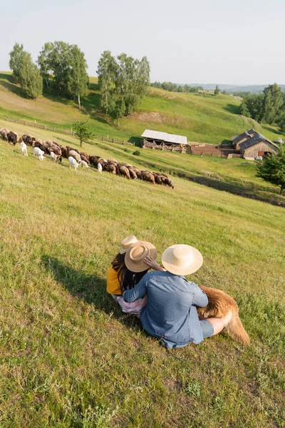 Back View Family Straw Hats Sitting Herd Grazing Scenic Pasture — Fotografia de Stock