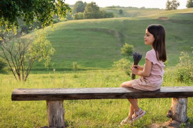 Lavanta çiçekli bir kızın manzarası. Resimli tepelerin yanındaki bankta oturuyor.