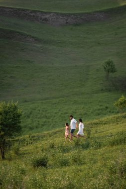 view from afar on family holding hands while walking on grassy slopes  clipart