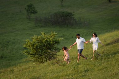 Neşeli bir aile yaz günü çimenli yamaçlarda koşarken el ele tutuşur.