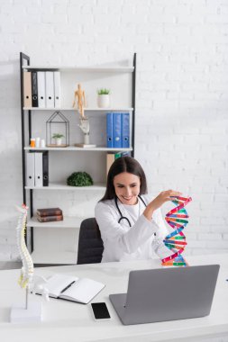 Hastanede bilgisayardaki görüntülü sohbet sırasında DNA örneğini tutan olumlu doktor. 