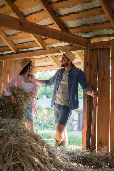 cheerful man talking to wife stacking hey in barn while working on farm