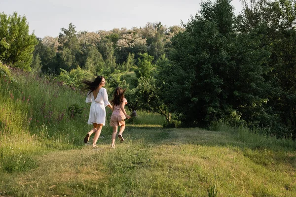 Back View Woman Child Running Forest Summer Day — Foto de Stock