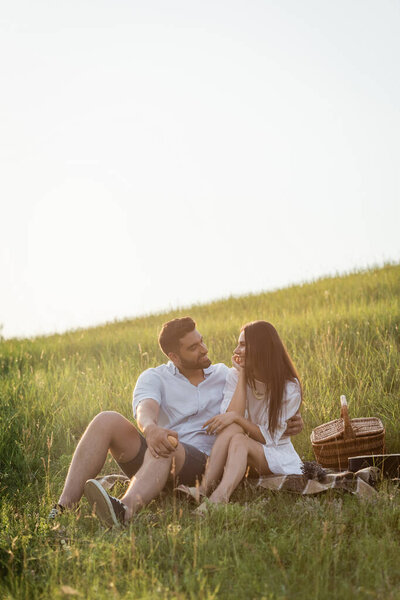 happy couple talking while sitting on plaid blanket in grassy field under clear sky