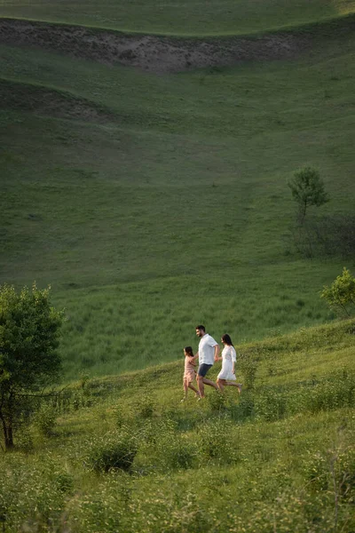 View Afar Family Holding Hands While Walking Grassy Slopes — Stock Photo, Image