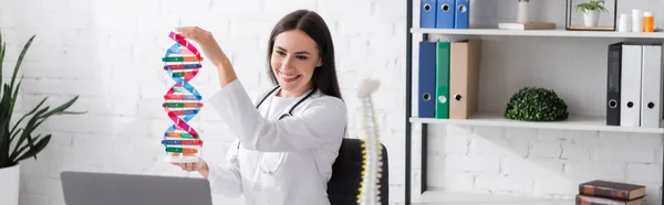 Positive Brunette Doctor Holding Dna Model Laptop Clinic Banner — Stock Photo, Image