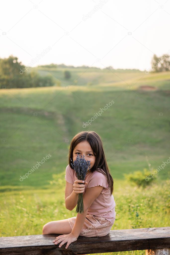 positive girl obscuring face with lavender bouquet and looking at camera in countryside