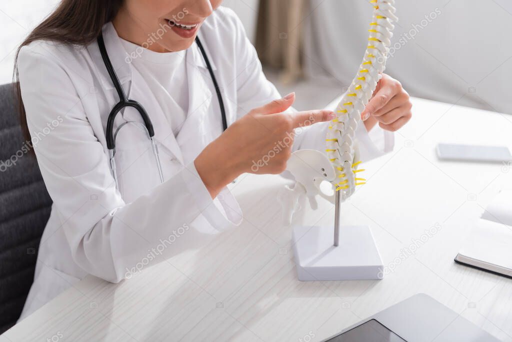 Cropped view of smiling doctor pointing at spinal model near laptop in clinic 