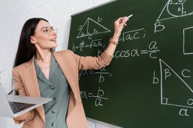 Teacher holding laptop during online lesson near chalkboard with math formulas in class 