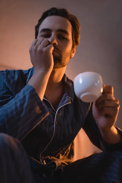 Low Angle View Sad Man Insomnia Holding Cup Coffee Home — Stockfoto