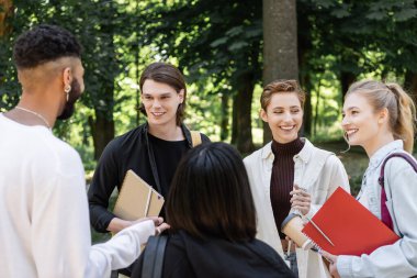 Multiethnic students with notebooks talking in park 