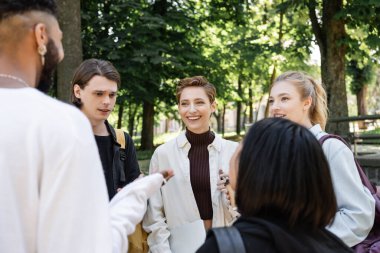 Positive students looking at blurred interracial friends in summer park 