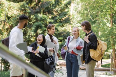 Cheerful interracial students with laptops and coffee to go in summer park 