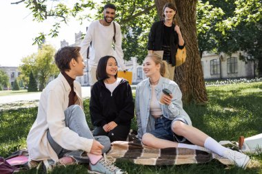 Smiling multiethnic students talking near friends in blanket in park 