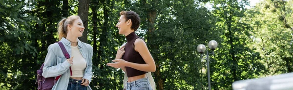 Lachende Studenten Met Rugzakken Aan Het Praten Park Spandoek — Stockfoto