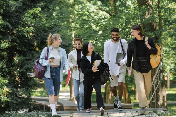 Feliz Asiático Estudiante Caminando Cerca Multiétnico Amigos Parque — Foto de Stock