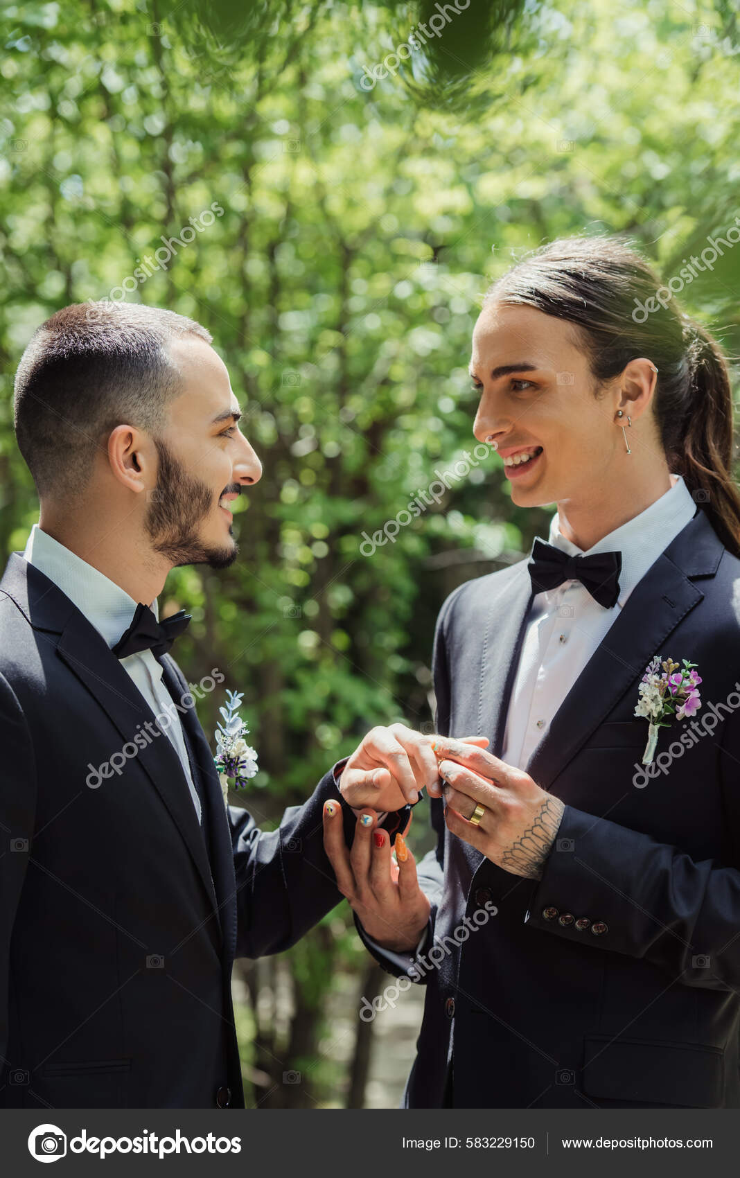 Side View Happy Gay Man Wearing Wedding Ring Finger Cheerful Stock
