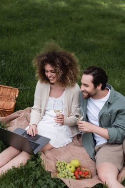 high angle view of couple holding glassed of wine and looking at laptop during picnic clipart