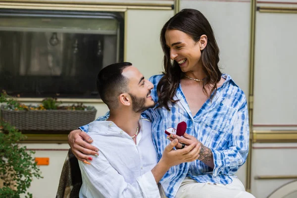 Gay Man Making Proposal While Holding Jewelry Box Ring Happy — ストック写真