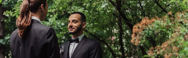 Happy Gay Newlyweds Formal Wear Looking Each Other Green Park — Stockfoto