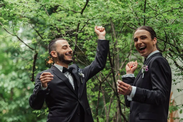 Asombrado Gay Pareja Formal Desgaste Celebración Chispas Verde Parque Boda — Foto de Stock