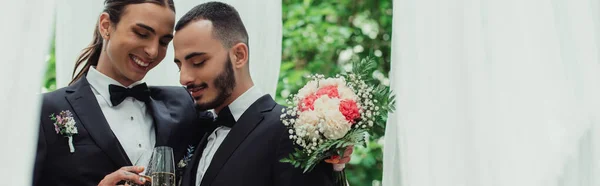 Happy Gay Couple Suits Toasting Glasses Champagne Wedding Day Banner — Stockfoto