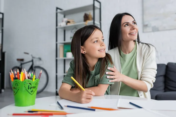 Dreamy Babysitter Happy Girl Colorful Pencil Looking Away — Stockfoto