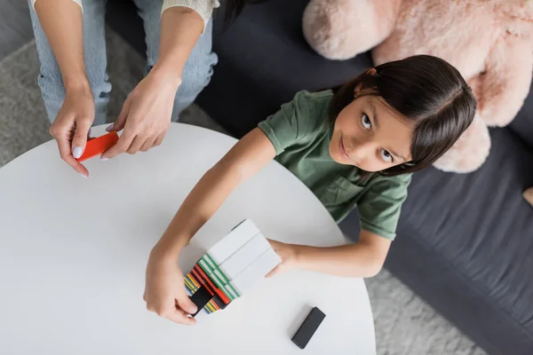 Top View Babysitter Playing Wood Blocks Game Happy Girl Living — Stock Photo, Image