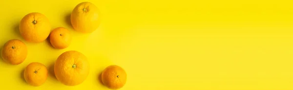 Κάτοψη Ώριμων Μανταρινιών Και Πορτοκαλιών Κίτρινο Φόντο Πανό — Φωτογραφία Αρχείου