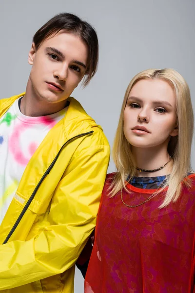 Portrait Stylish Young Couple Looking Camera Isolated Grey — Foto de Stock