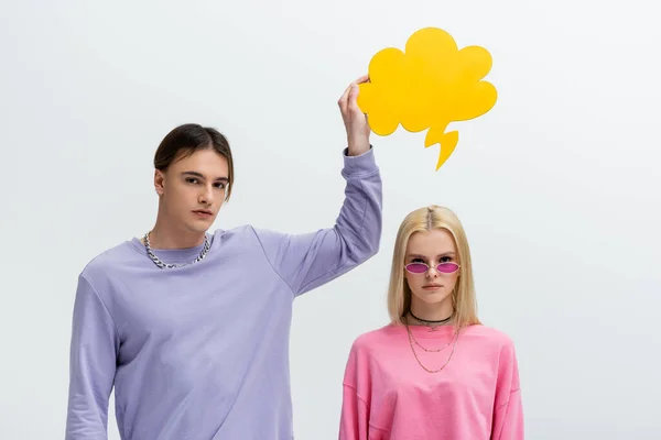 Young Man Holding Thought Bubble Girlfriend Sunglasses Isolated Grey — Stockfoto