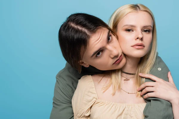 Portrait Stylish Young Couple Looking Camera Isolated Blue — Fotografia de Stock