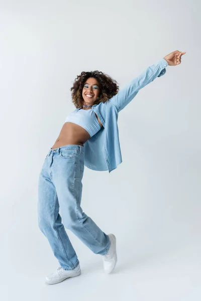 Full Length Excited African American Woman Crop Top Blue Denim — Foto de Stock