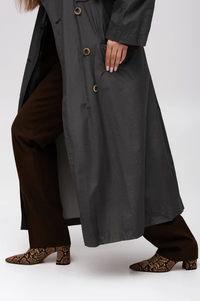 Cropped View Model Stylish Trench Coat Posing Grey — Foto de Stock