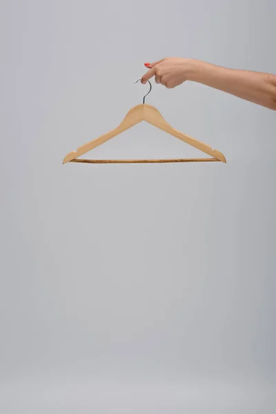 Partial View Woman Holding Wooden Hanger Isolated Gray — Stock Photo, Image