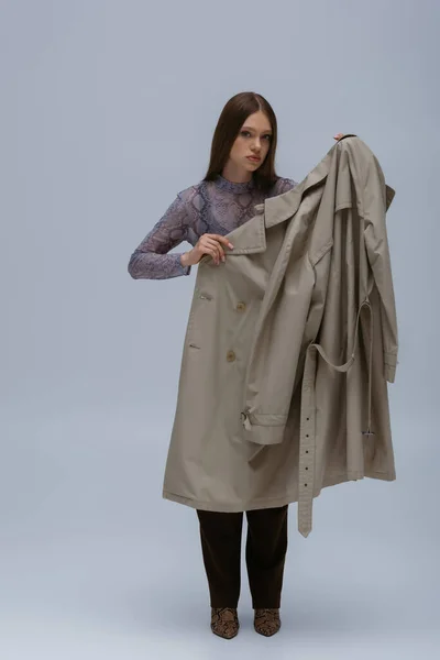 Brunette Teenage Girl Posing Trendy Trench Coat Isolated Grey — Photo