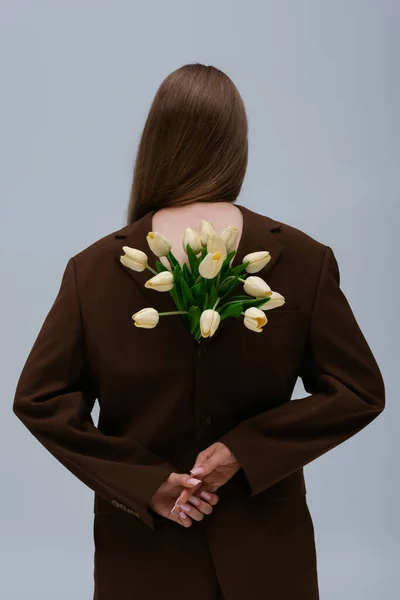 Back View Brunette Model Brown Blazer Tulips Isolated Grey — Foto de Stock