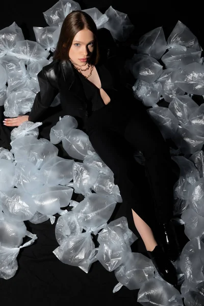 High Angle View Brunette Model Stylish Suit Posing Plastic Waste — Stock Fotó