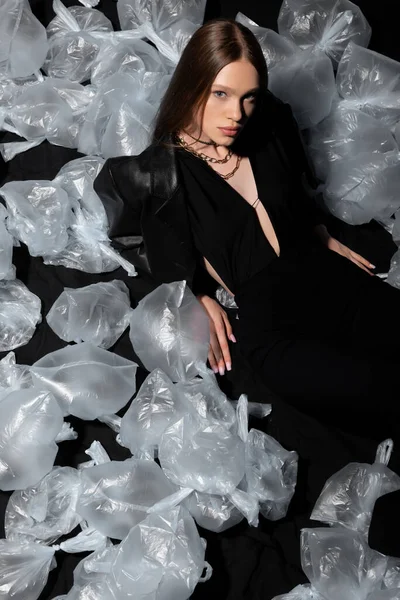 High Angle View Brunette Model Elegant Suit Posing Plastic Waste — Fotografia de Stock