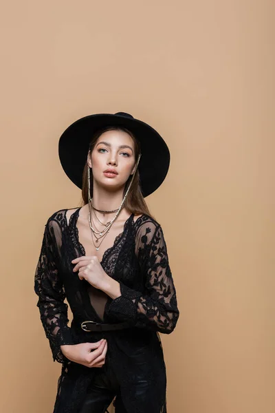 Fashionable Woman Black Hat Guipure Robe Looking Camera Isolated Beige — Stockfoto