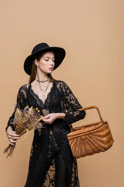 Stylish Woman Fedora Hat Holding Wicker Basket Dry Flowers Isolated — Stock Photo, Image