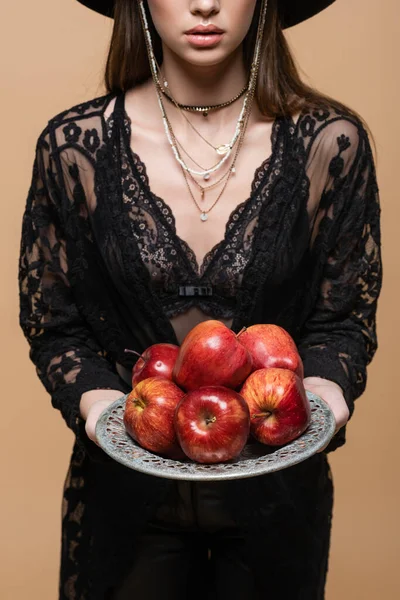 Cropped View Fashionable Woman Guipure Robe Holding Ripe Apples Plate — Stock Fotó