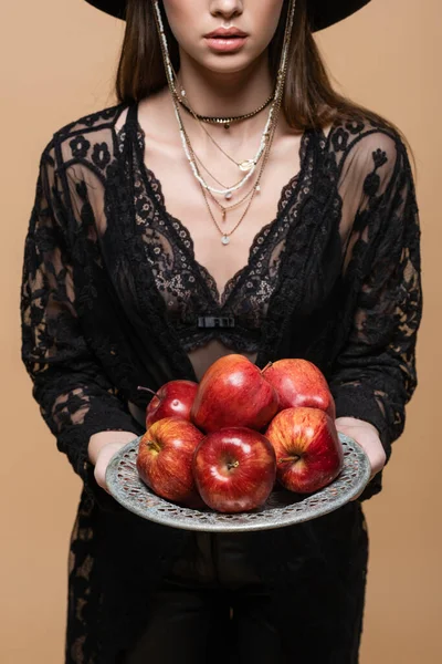 Cropped View Fashionable Woman Guipure Robe Holding Ripe Apples Plate — 스톡 사진