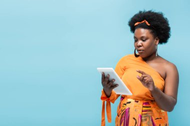 curly african american body positive woman in hoop earrings holding digital tablet isolated on blue