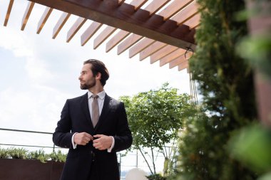 Side view of groom in formal wear looking away on terrace 
