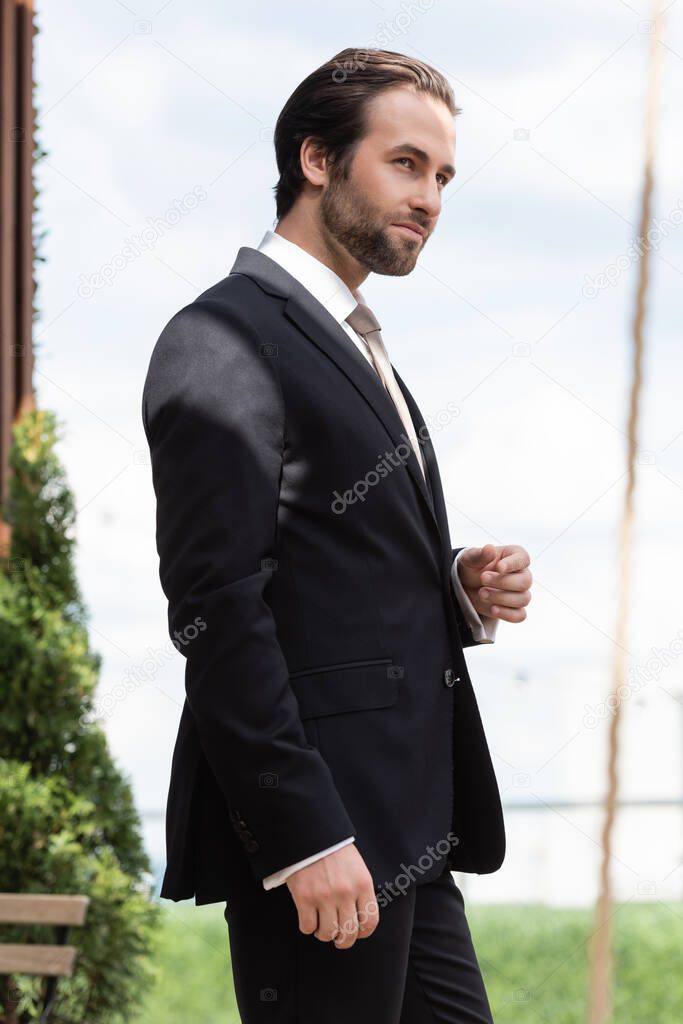 Bearded groom in formal wear looking away on terrace 