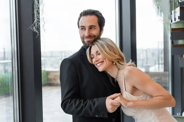 Smiling Man Suit Holding Hand Happy Girlfriend Dress Restaurant — Stock Fotó