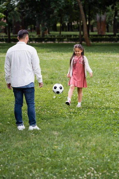 Asian Kid Playing Soccer Papers Summer Park — Stock Photo, Image